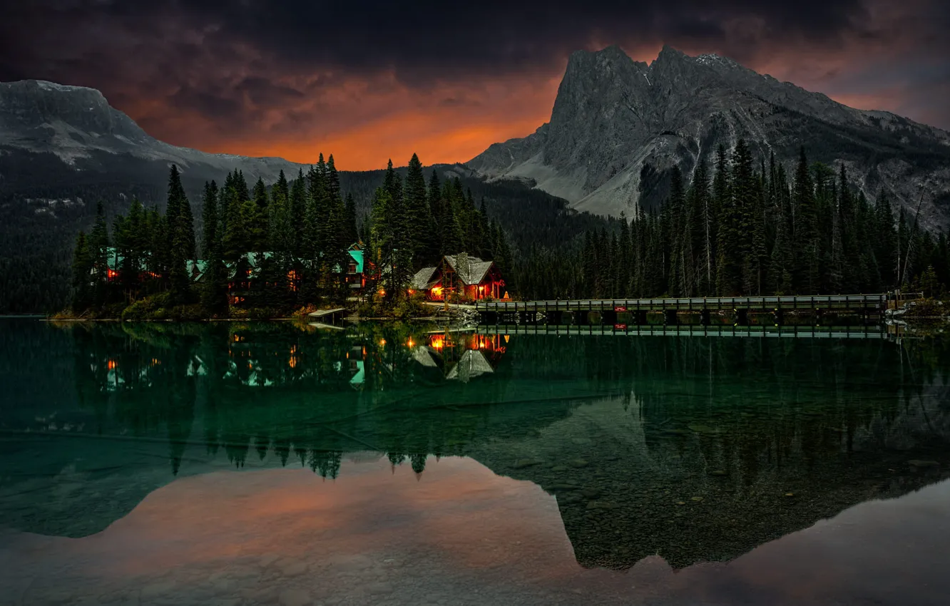 Фото обои деревья, пейзаж, горы, ночь, природа, озеро, отражение, дома
