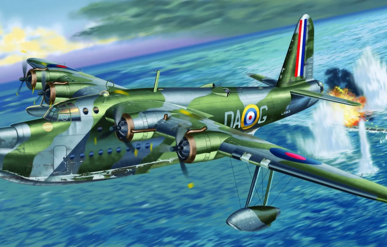 Фото обои war, art, airplane, painting, ww2, Sunderland Mk.I