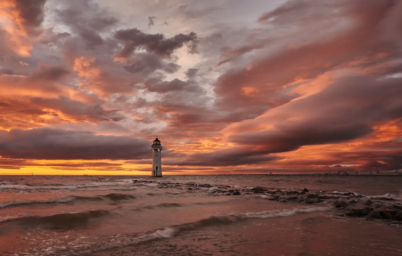 Фото обои море, закат, берег, маяк