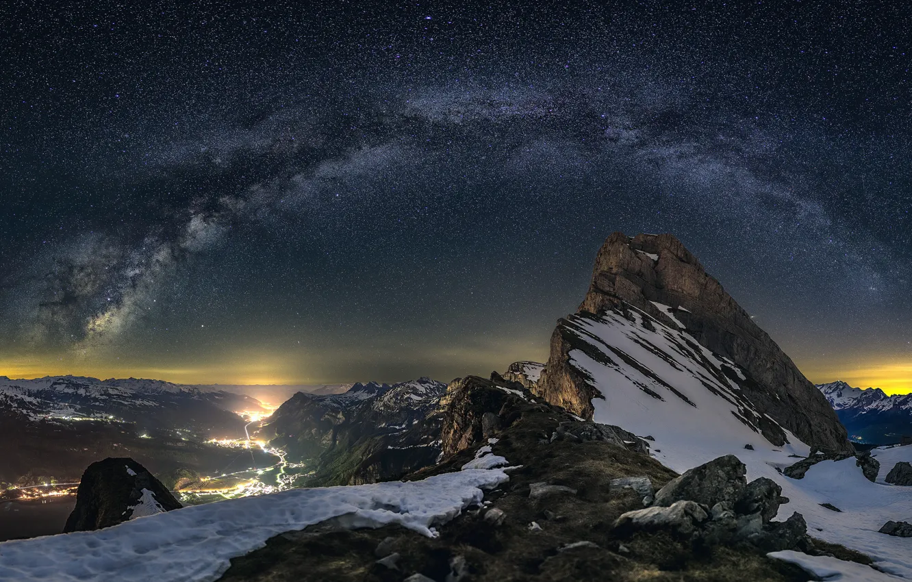 Фото обои звезды, горы, ночь, камни, скалы, Альпы