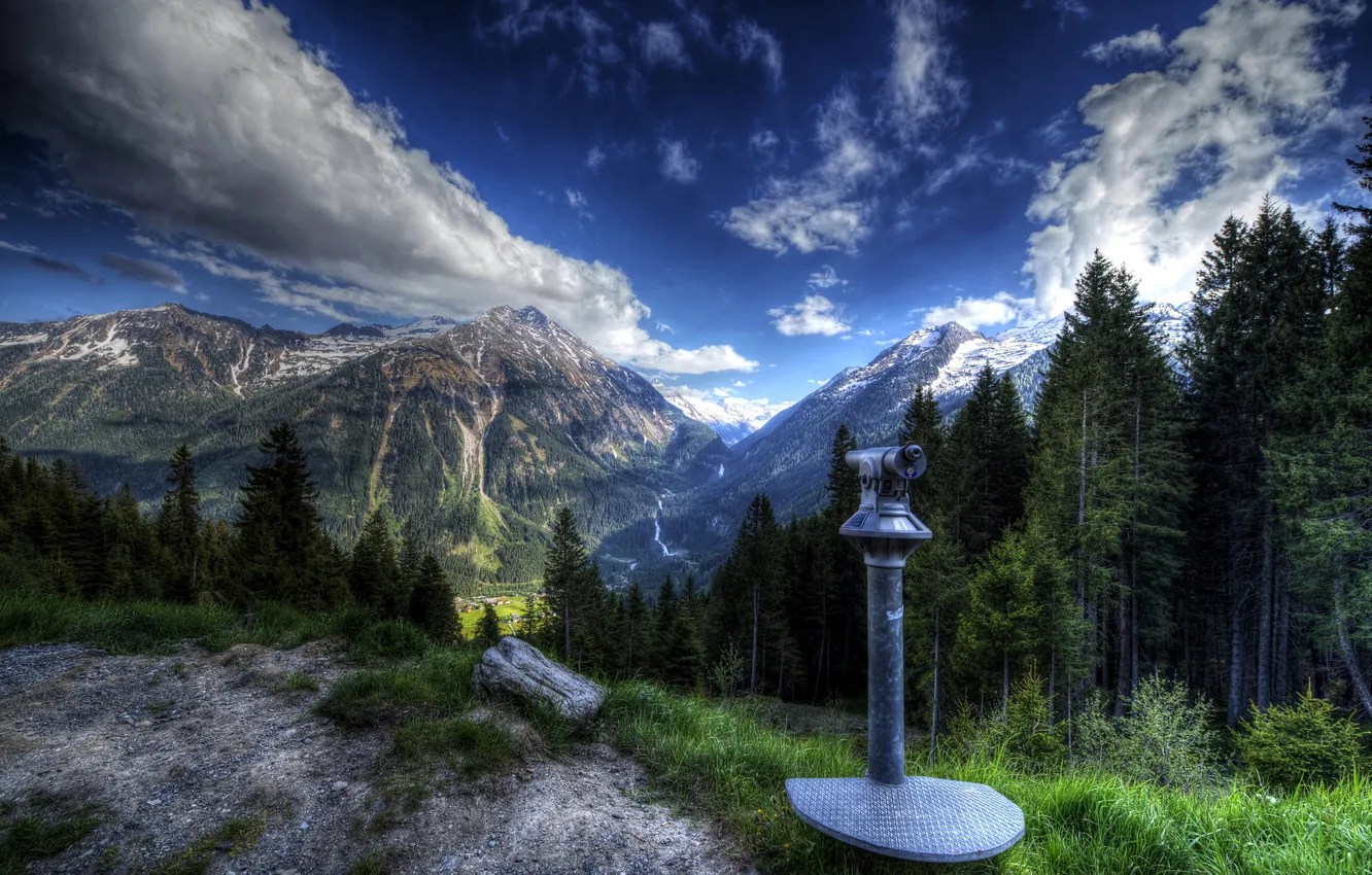 Фото обои облака, деревья, горы, вид, Австрия, долина, hdr, водопады