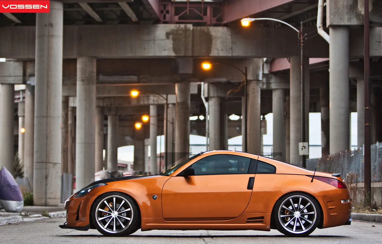 Фото обои оранжевый, мост, тюнинг, Nissan, ниссан, 350Z, orange, vossen