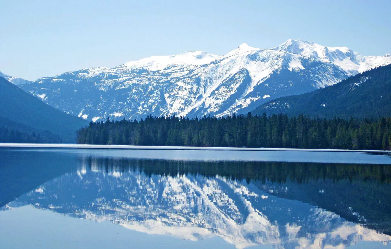 Фото обои лес, снег, горы, природа, озеро, отражение, Пейзаж