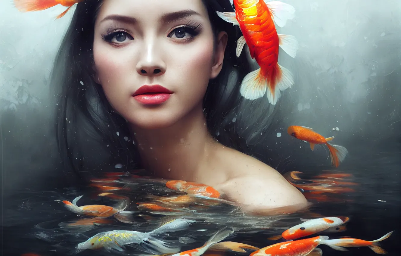 Фото обои взгляд, вода, девушка, рыбы, лицо, кои