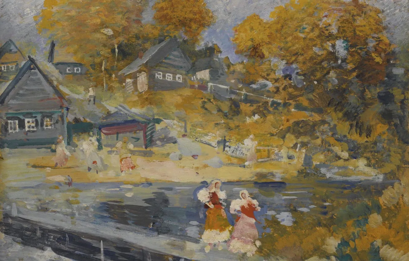 Фото обои осень, река, картина, деревня, Константин Коровин, Русский Пейзаж