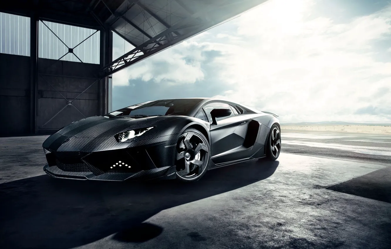 Фото обои Lamborghini, ангар, суперкар, Aventador, Mansory, экстерьер, Carbonado