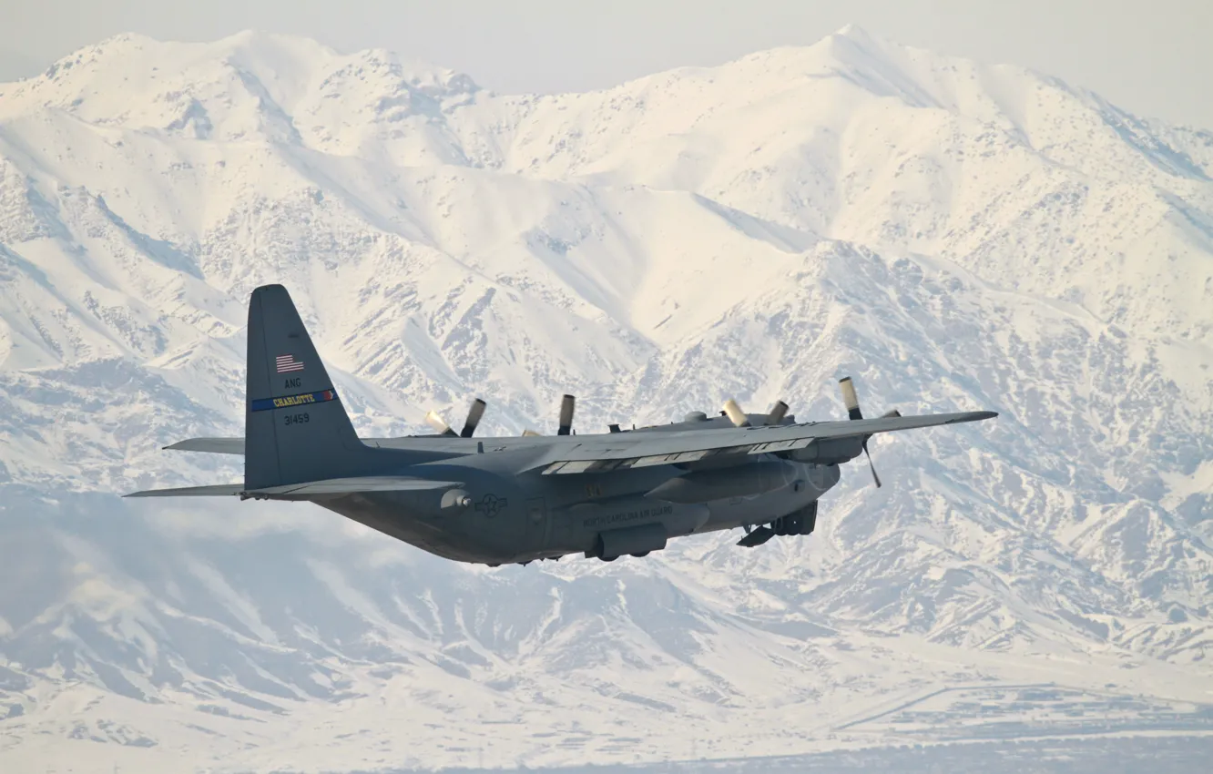 Фото обои снег, горы, вершины, самолёт, взлёт, Афганистан, авиабаза, ВВС США