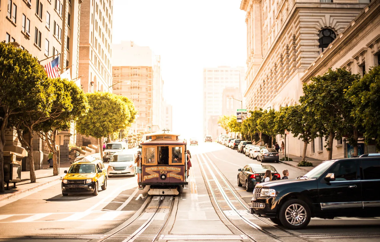 Фото обои деревья, машины, город, люди, улица, трамвай, San Francisco