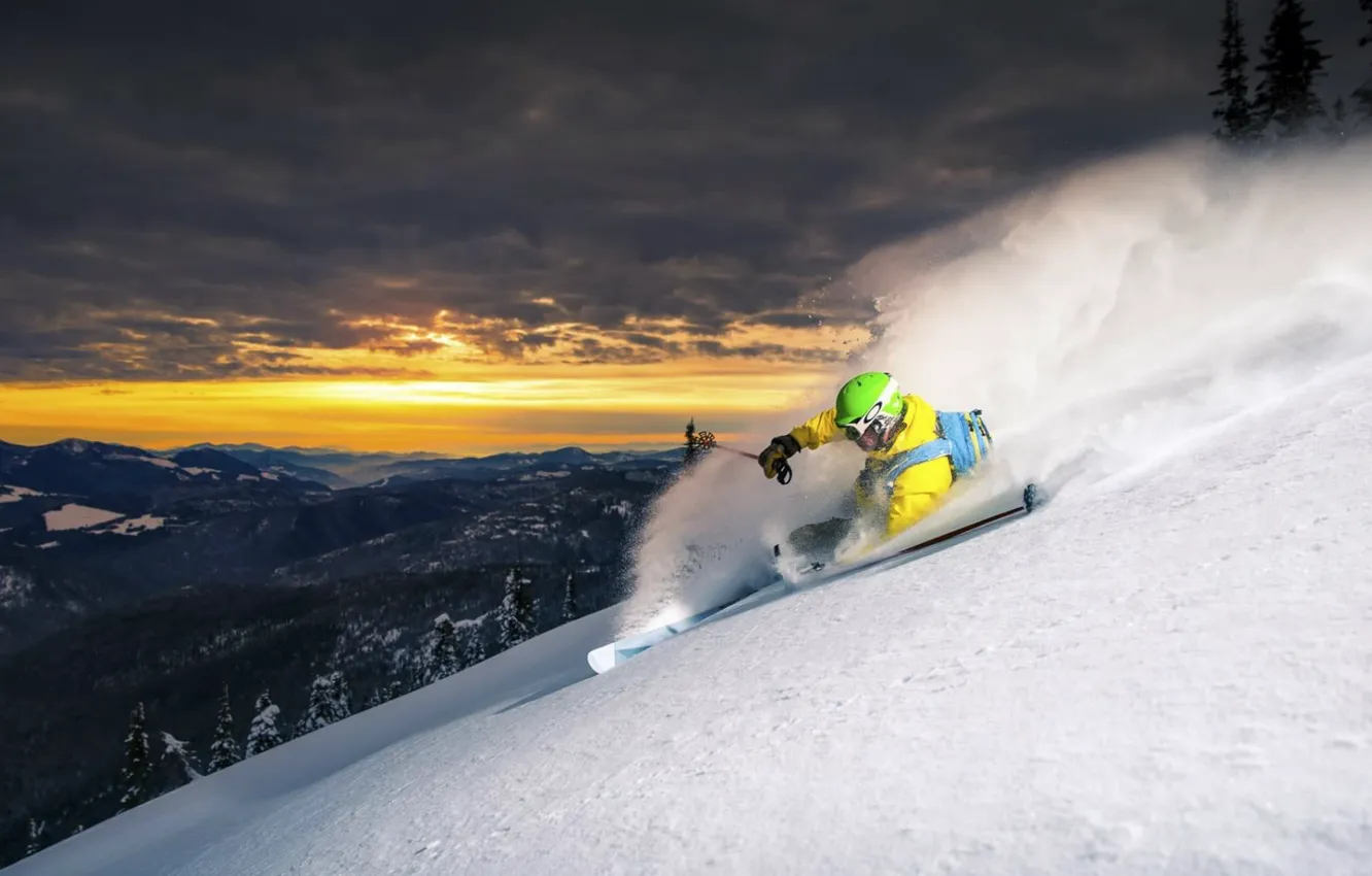 Фото обои снег, закат, природа, лыжи, гора, Спорт, склон, спортсмен