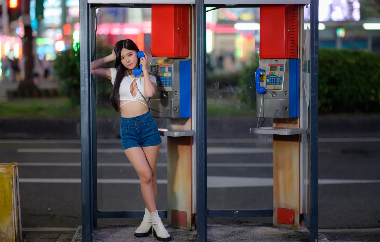 Фото обои Asian, long hair, model, women, dark hair, phone box