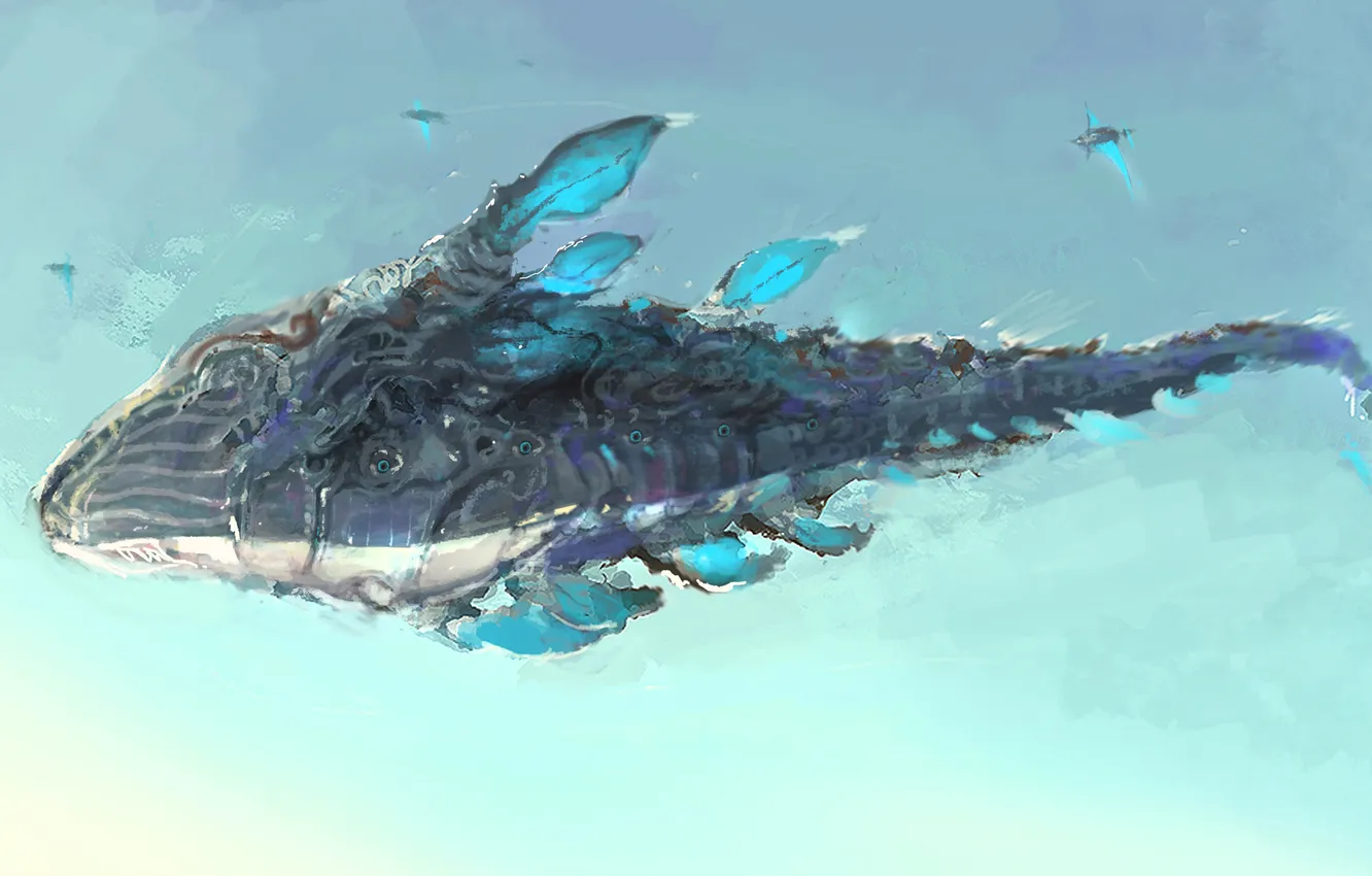 Фото обои полет, фантастика, рыба, существо, арт, кит, в небе