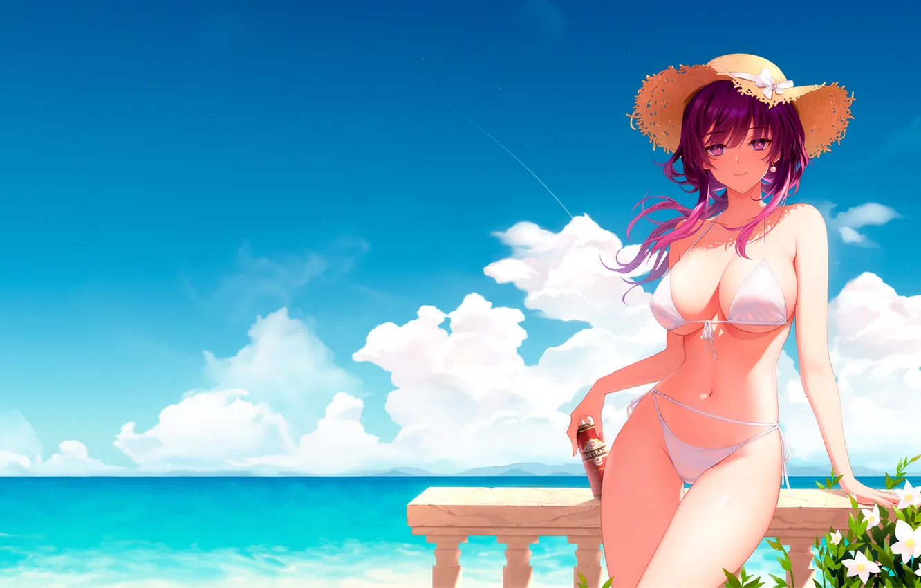 Фото обои big boobs, bikini, smiling, standing, anime girls, purple hair, looking at viewer, Kafka (Honkai Star …