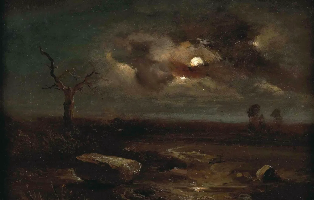 Фото обои ночь, камни, дерево, Пейзаж, Carl Gustav Carus, при лунном свете