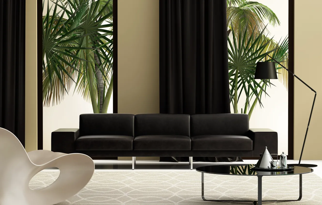 Фото обои белый, дизайн, диван, черный, интерьер, кресло, гостиная, модерн