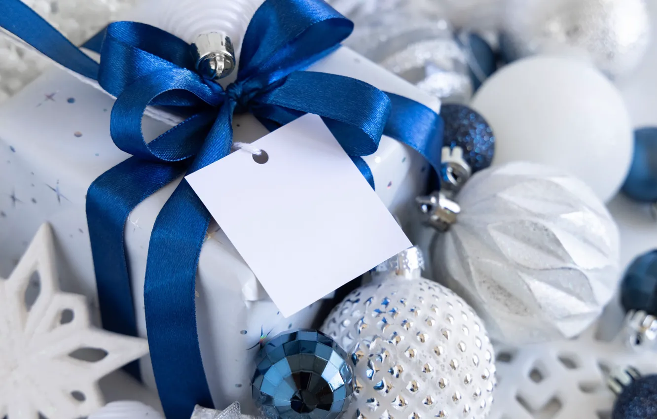 Фото обои шарики, украшения, синий, праздник, коробка, подарок, Рождество, Новый год