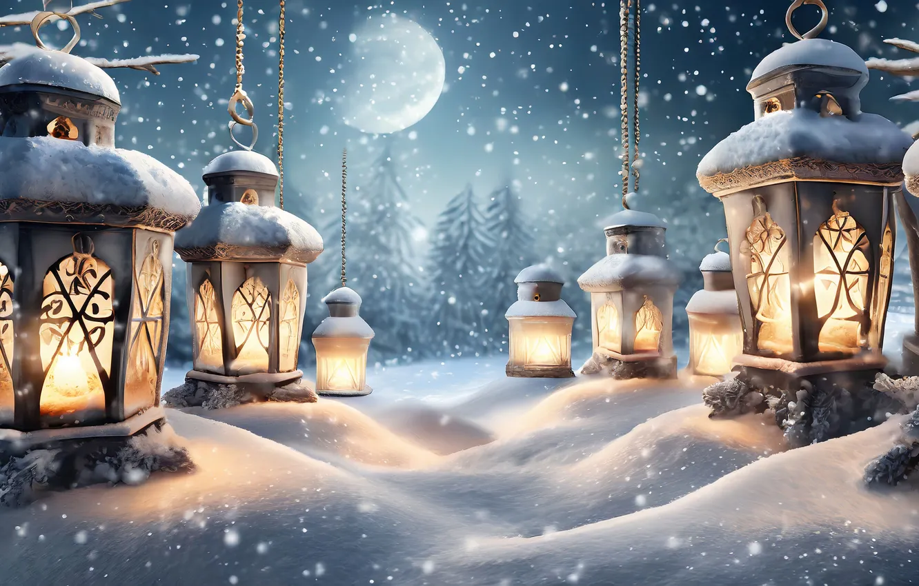 Фото обои зима, снег, ночь, Рождество, фонарь, Новый год, Christmas, night