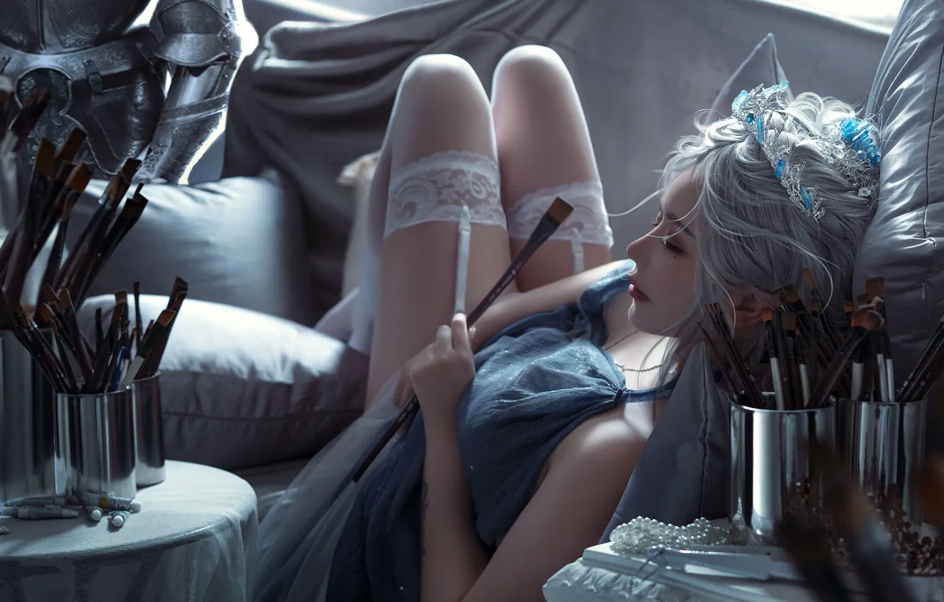 Фото обои girl, anime, stockings, artist, brushes
