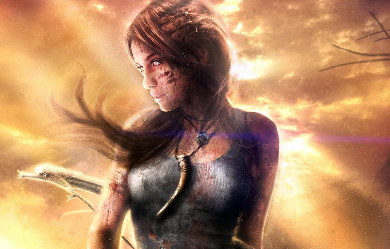 Фото обои девушка, ветер, арт, Tomb Raider, клык, Lara Croft