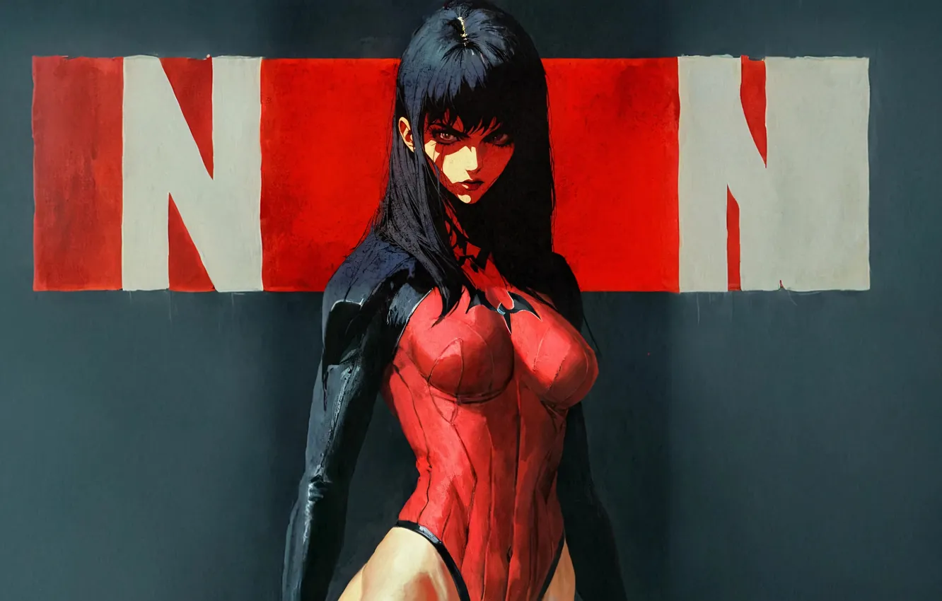 Фото обои red, poster, black hair, idea, strong woman, girl in armor, AI art, superhero