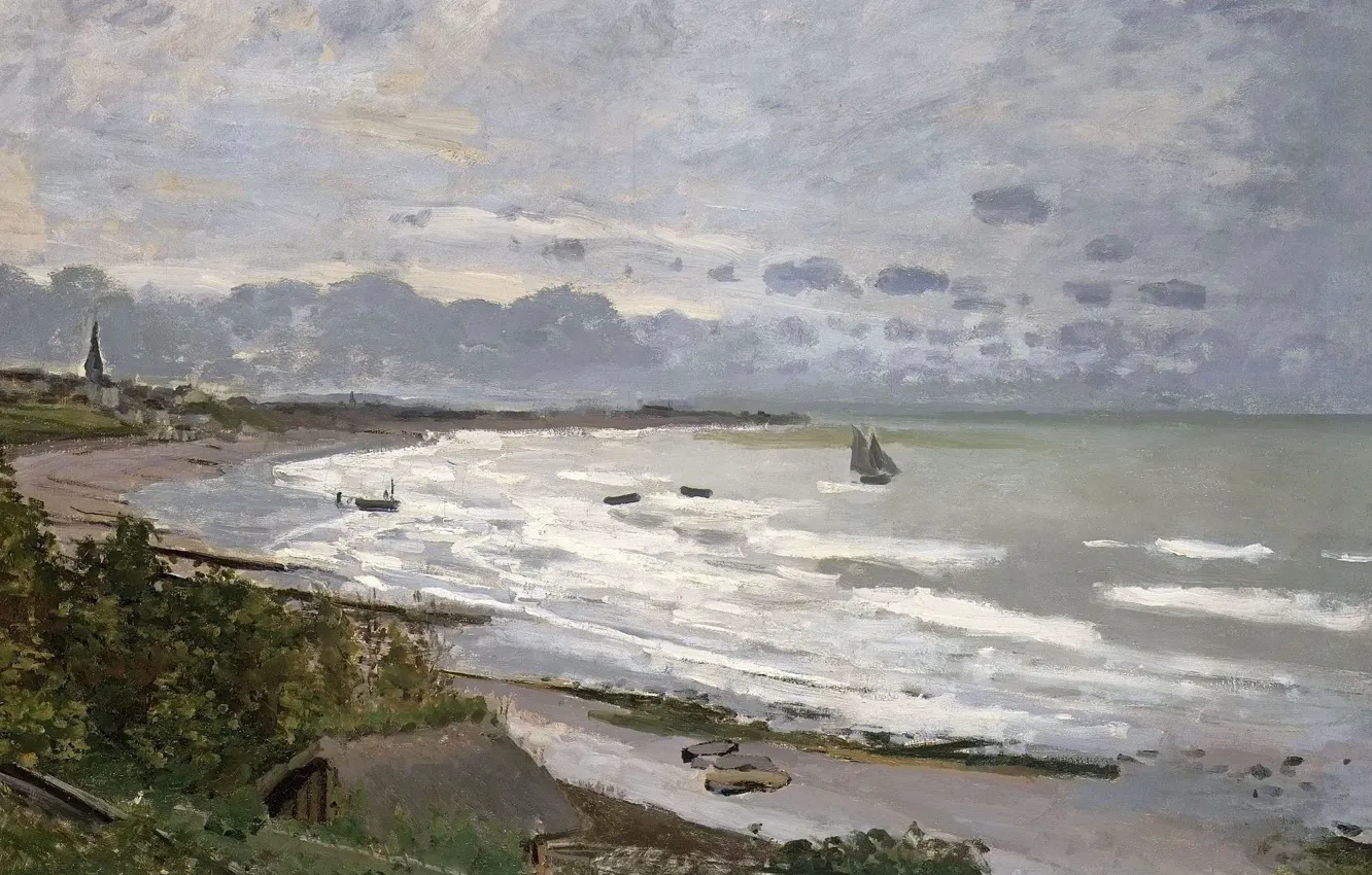 Фото обои море, пейзаж, берег, картина, лодки, Клод Моне, Пляж в Сент-Адрессе