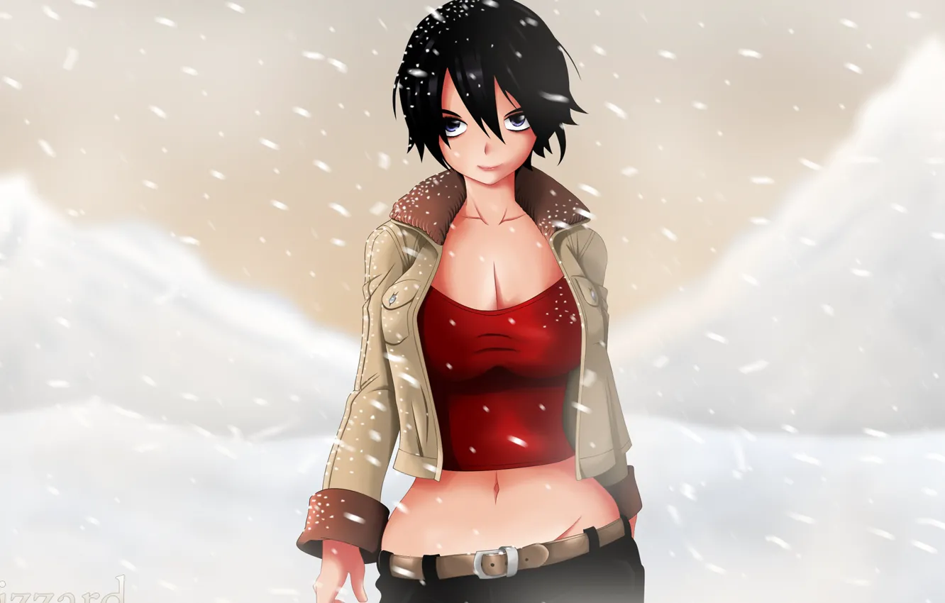 Фото обои аниме, брюнетка, куртка, снегопад, большая грудь, красный топ
