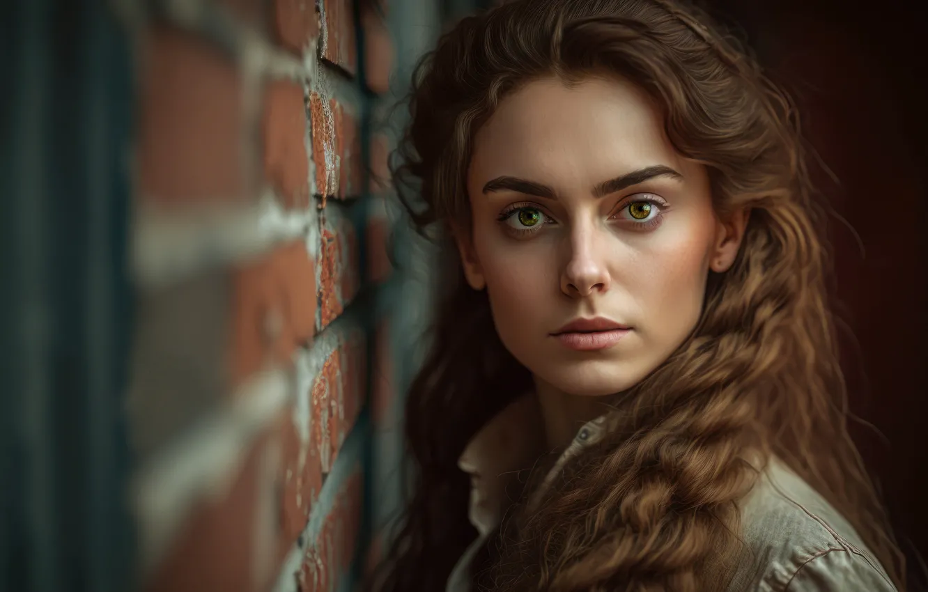 Фото обои взгляд, лицо, портрет, face, кирпичная стена, look, portrait, hairstyle