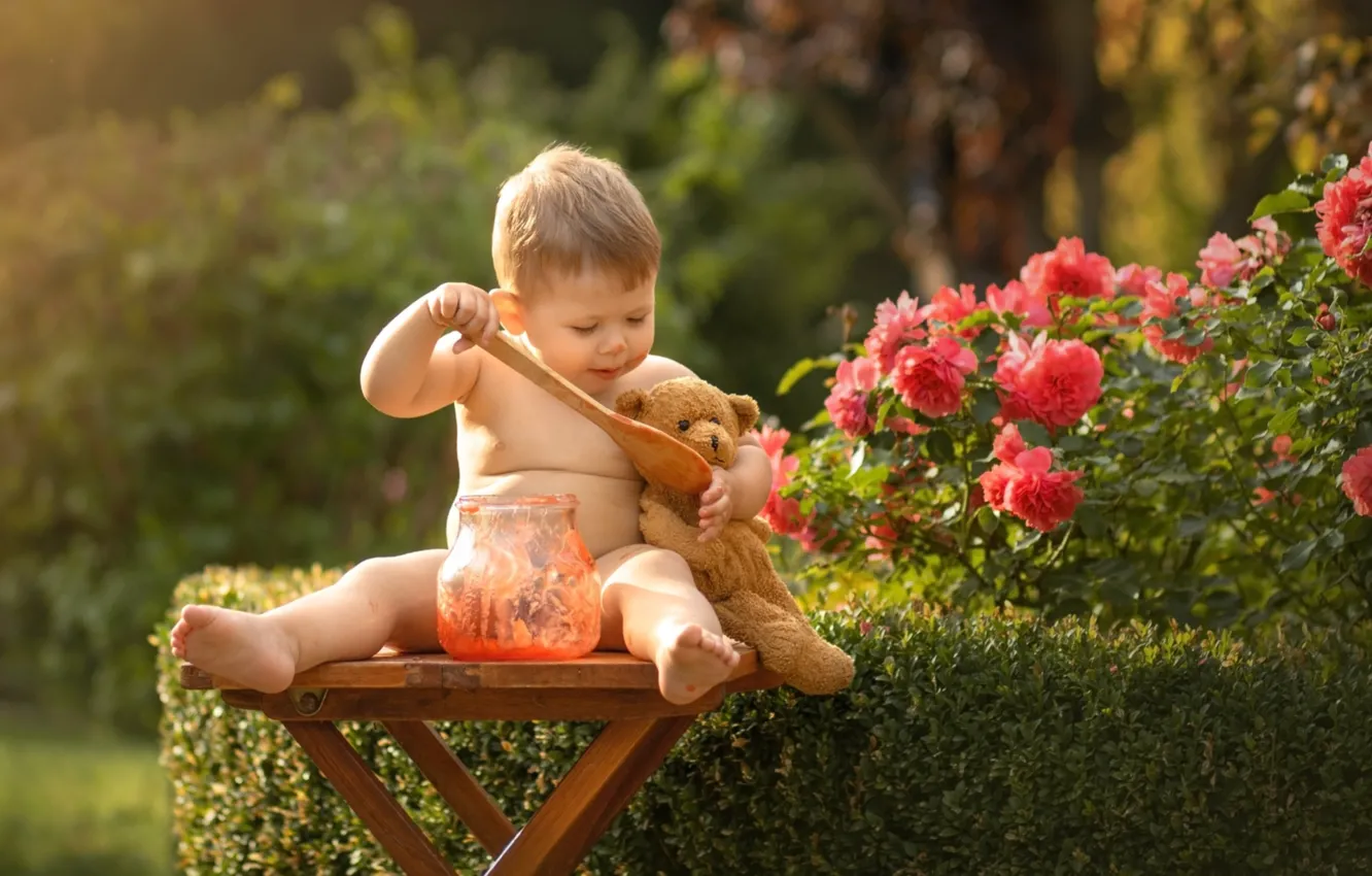 Фото обои игрушка, розы, малыш, медведь, ложка, варенье