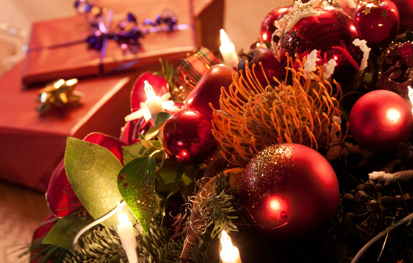 Фото обои украшения, елка, новый год, свечи, подарки, new year, Merry Christmas, candles