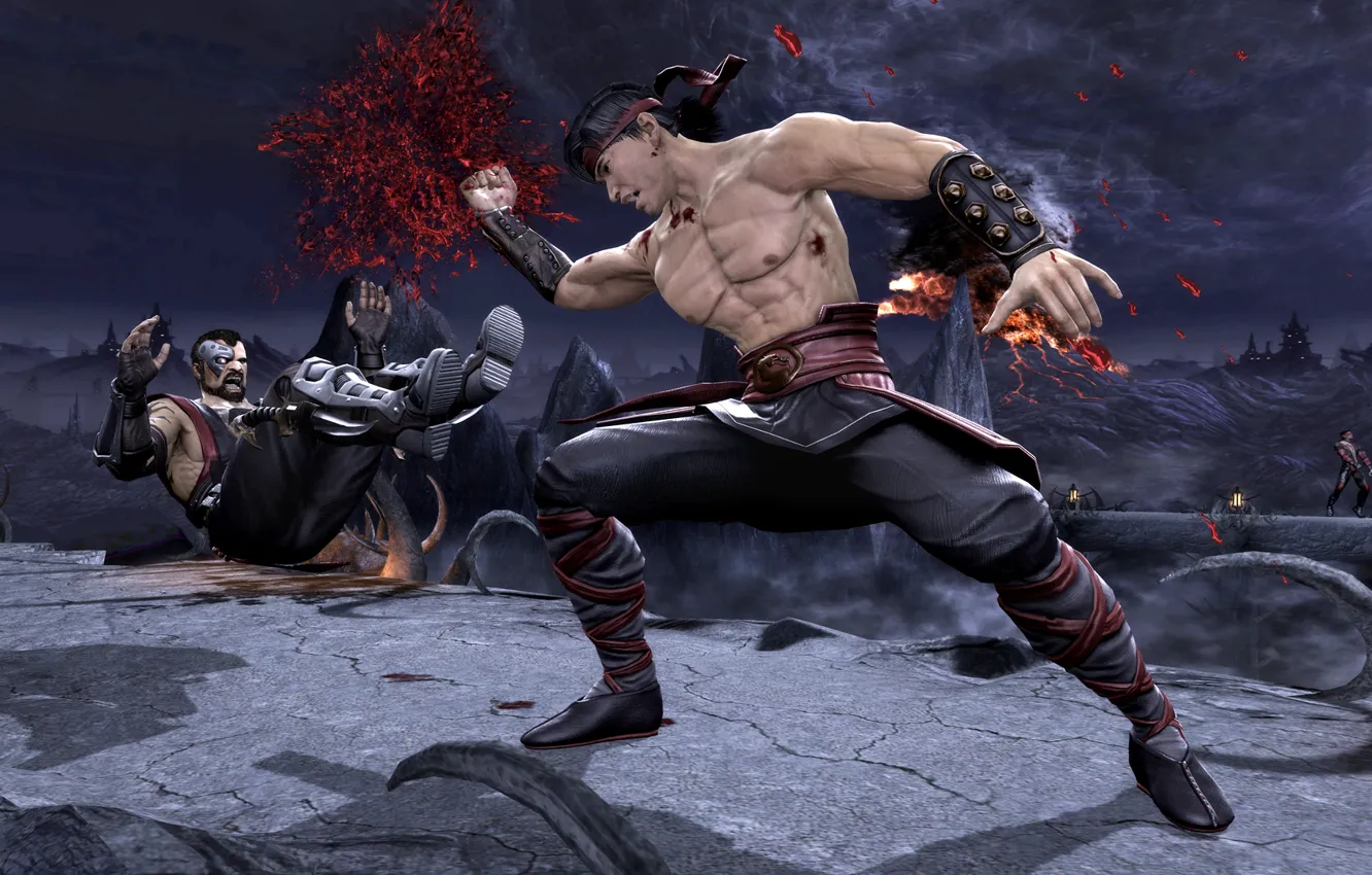Фото обои удар, Mortal Kombat, Liu Kang, получил, Komplete Edition, Kano