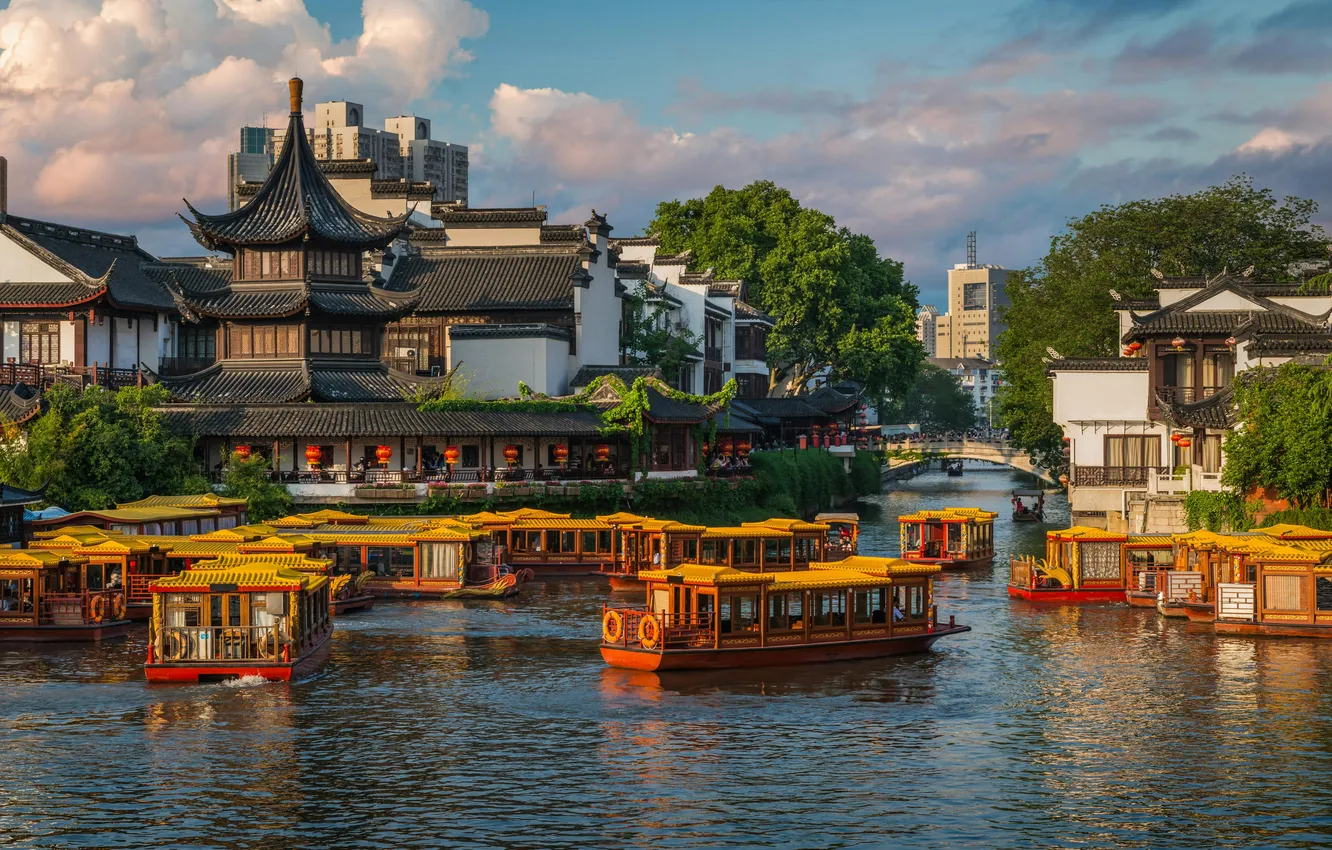 Фото обои river, water, asia, china, architecture, boat, travel, temple