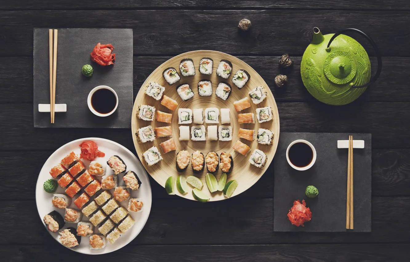 Фото обои палочки, соус, sushi, суши, роллы, имбирь, set, вассаби