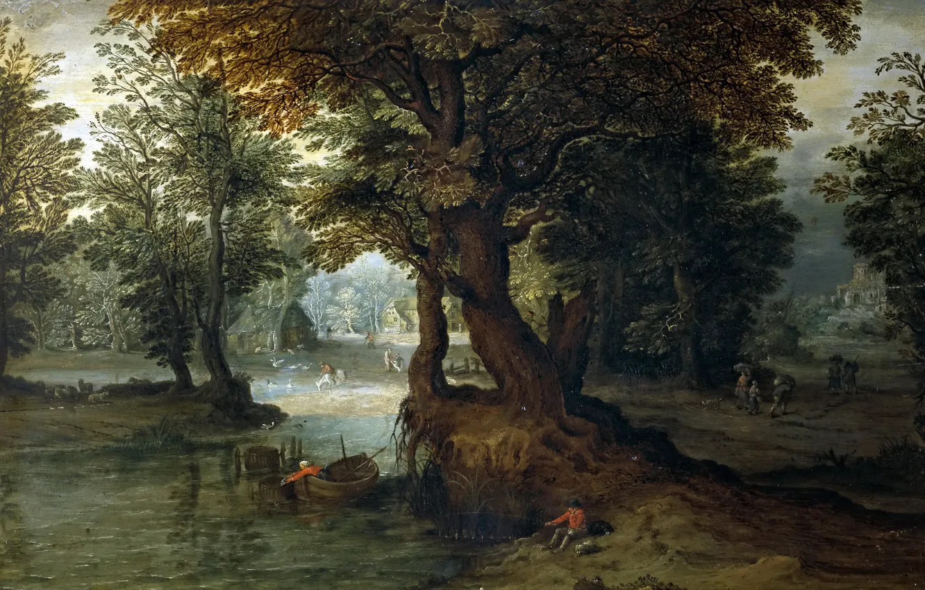 Фото обои лес, деревья, пейзаж, дом, лодка, картина, рыбак, Ян Брейгель младший