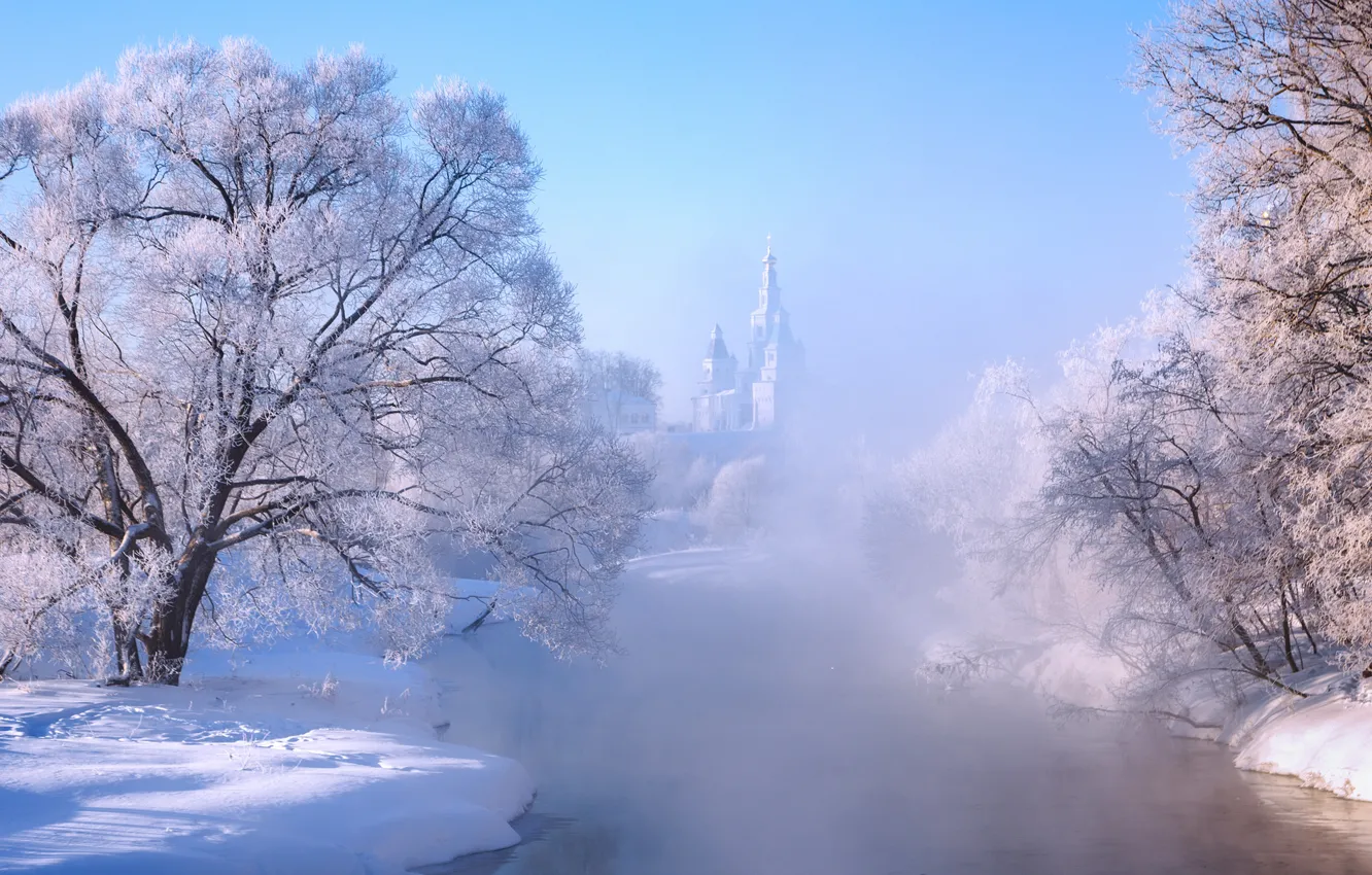 Фото обои зима, иней, снег, деревья, пейзаж, природа, туман, река