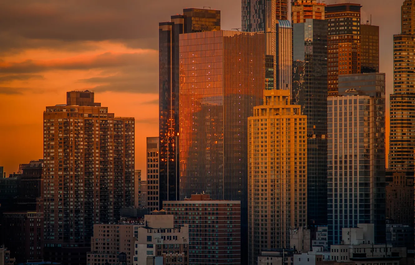 Фото обои закат, город, здания, небоскребы, New York City, нью йорк