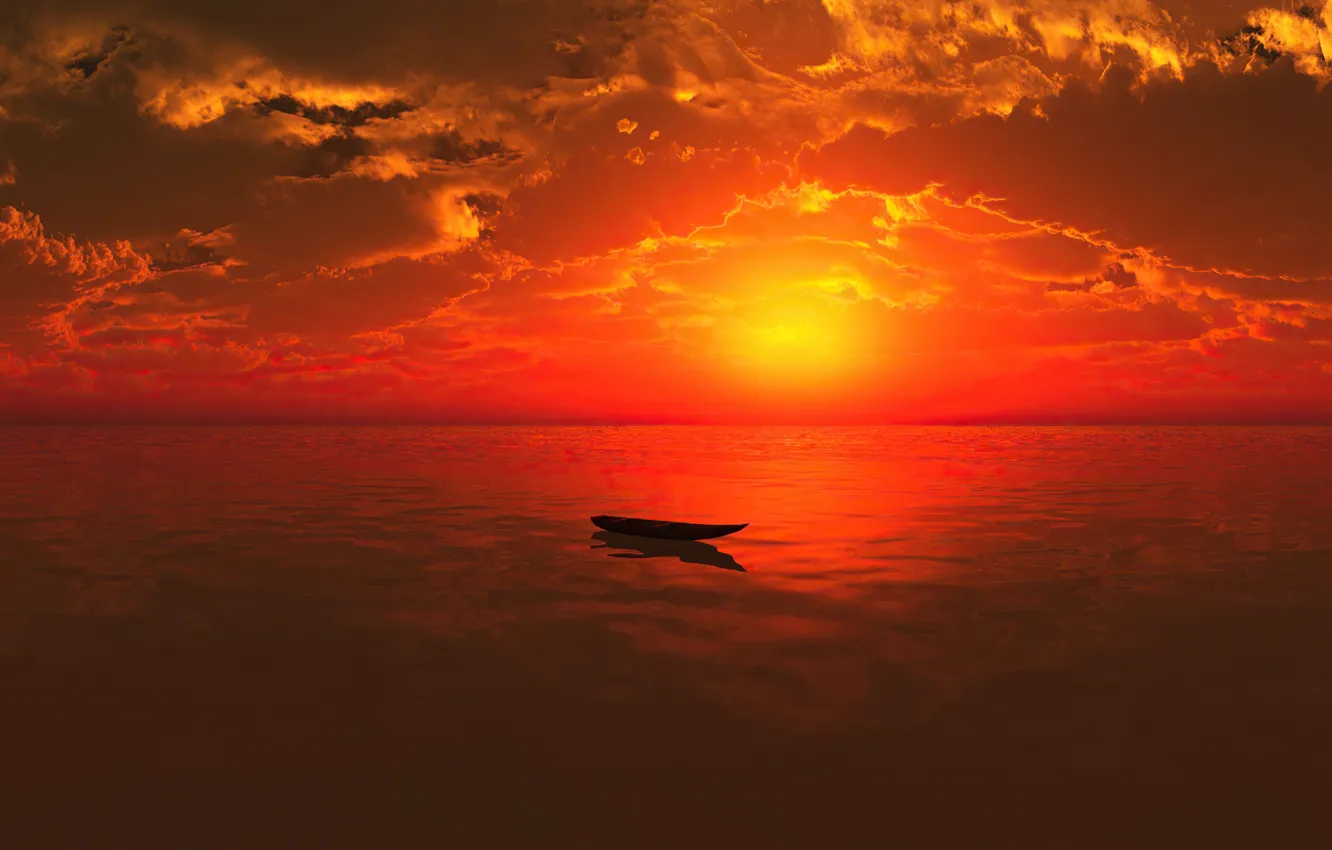 Фото обои море, облака, лодка, красота, простор, sea, sunset, закат солнца