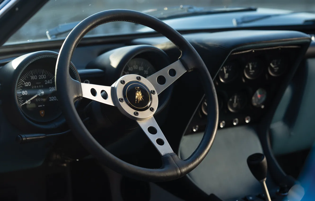 Фото обои Lamborghini, 1971, logo, Miura, steering wheel, Lamborghini Miura P400 SV