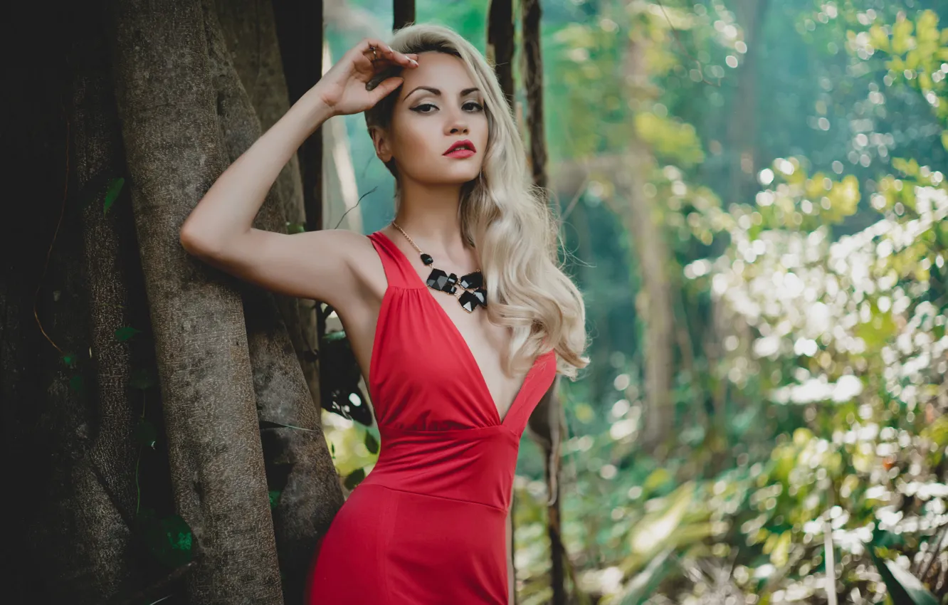 Фото обои лес, девушка, поза, макияж, фигура, красное платье