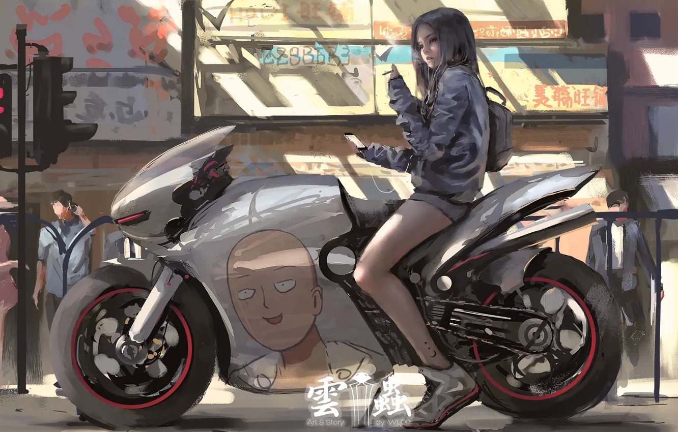 Фото обои девушка, люди, мотоцикл, Сайтама, Wlop, Ванпачмен