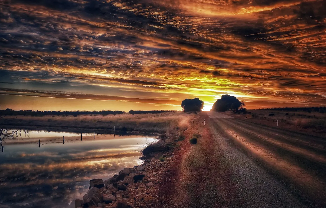 Фото обои дорога, закат, природа