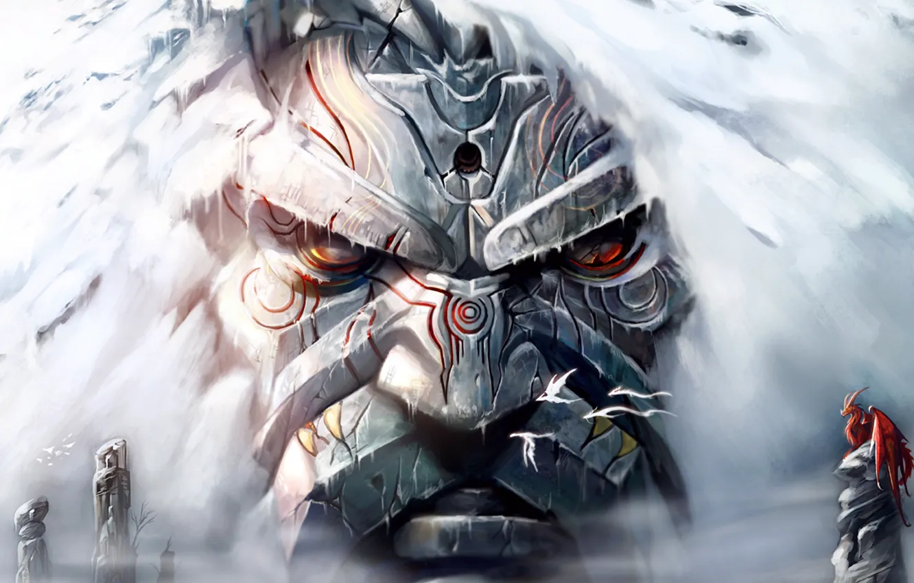 Фото обои снег, лицо, скала, дракон, Арт, страж, руны