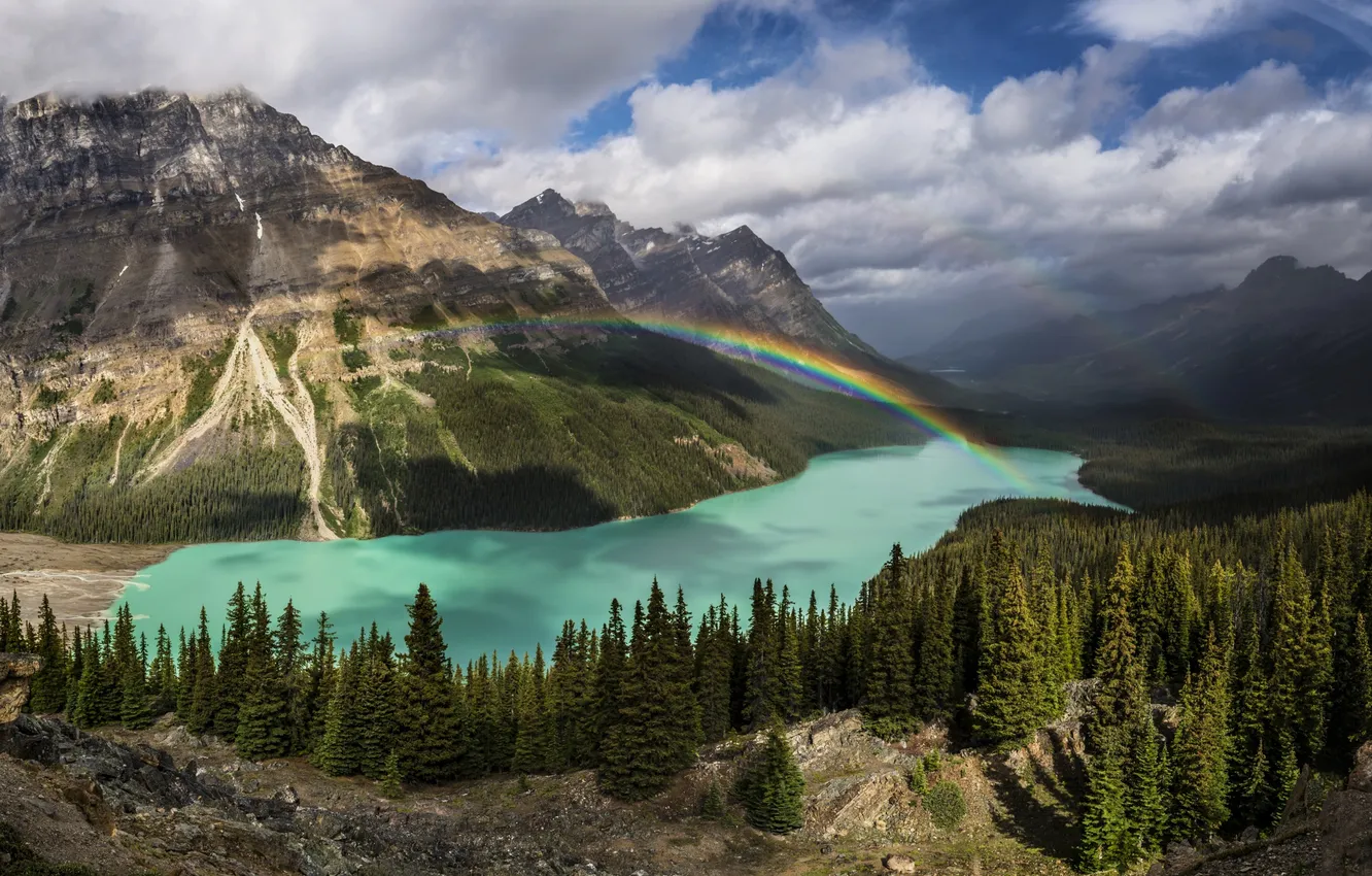Фото обои лес, деревья, горы, природа, озеро, радуга, Канада