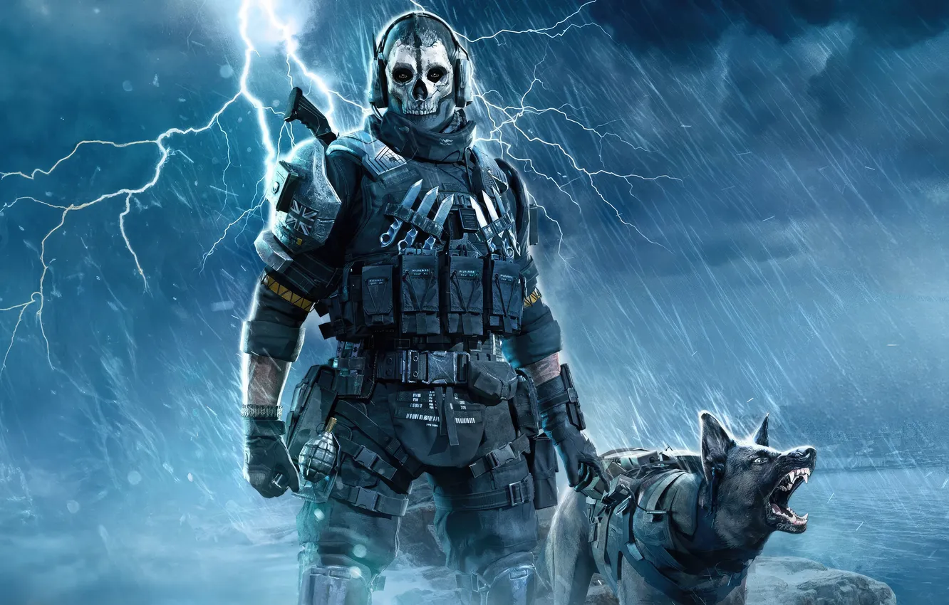 Фото обои city, skull, gun, call of duty, soldier, rain, sea, ocean