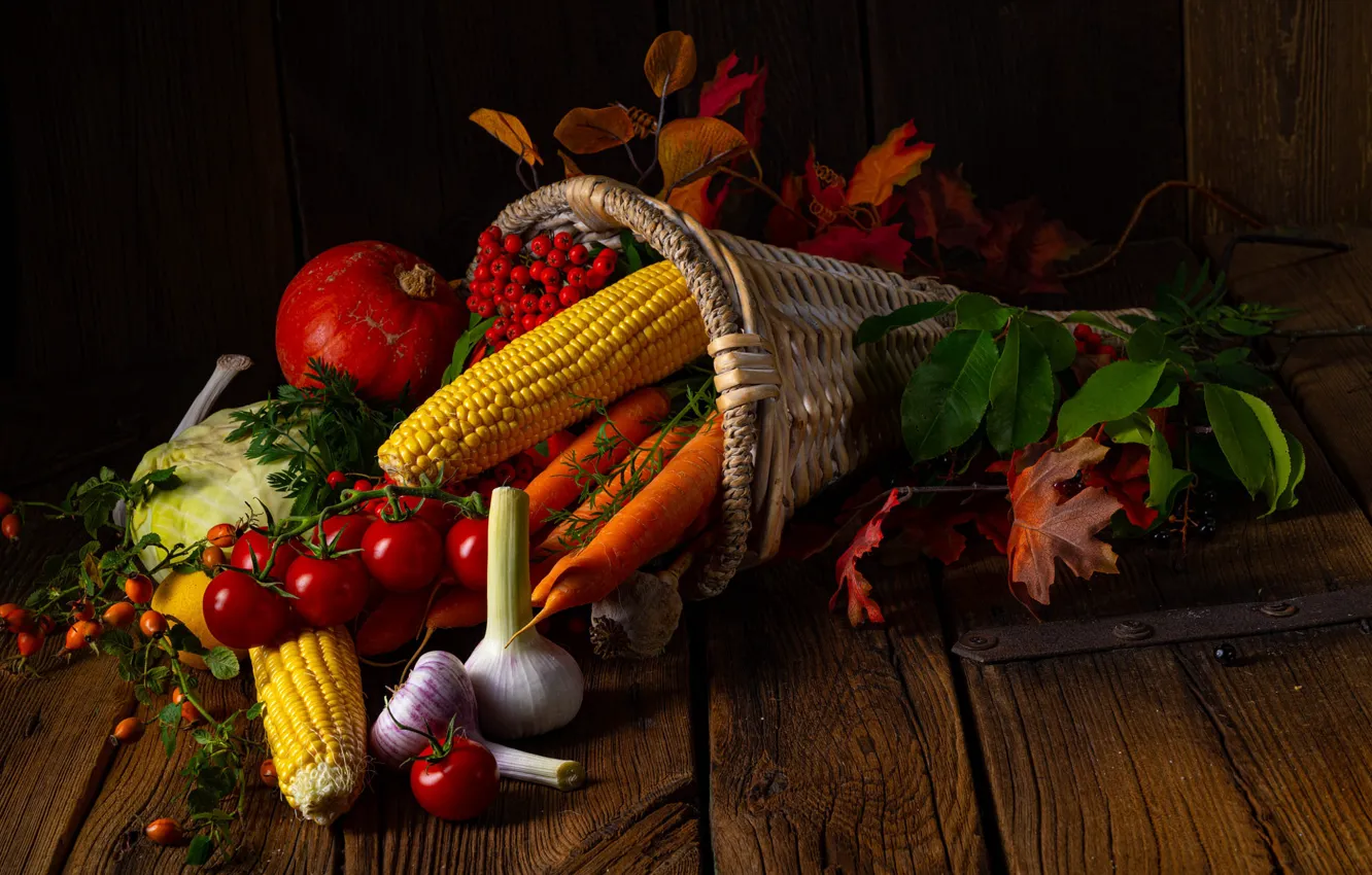 Фото обои листья, ягоды, корзина, доски, кукуруза, шиповник, тыква, овощи