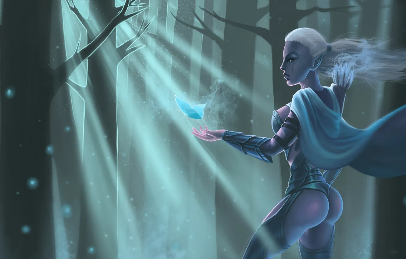 Фото обои девушка, бабочка, арт, плащ, Traxex, Dota2, Drow Ranger