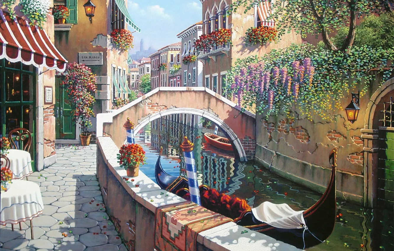 Фото обои лето, цветы, Италия, Венеция, канал, Сан-Марко, живопись, Italy