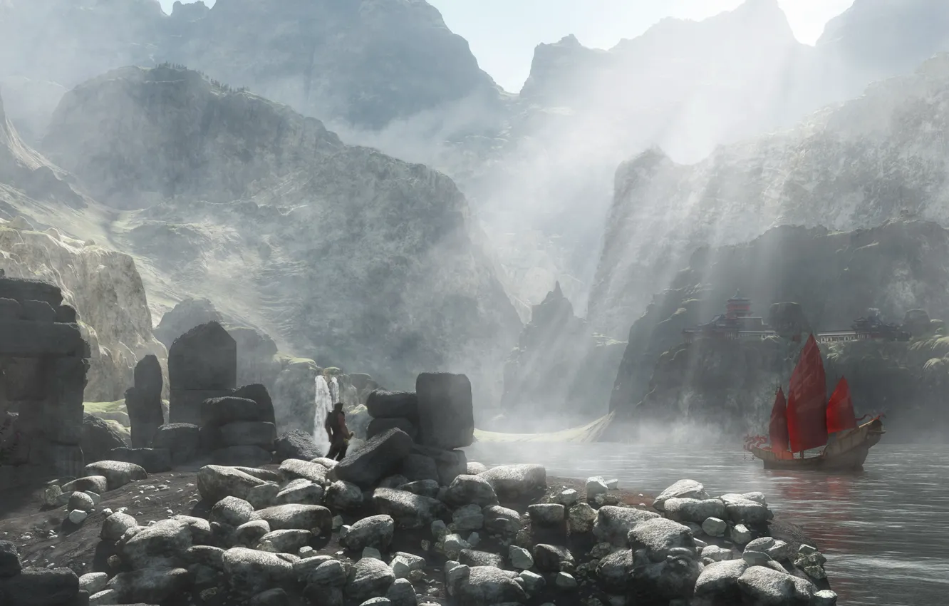 Фото обои красный, озеро, камни, скалы, человек, корабль, водопад, парусник