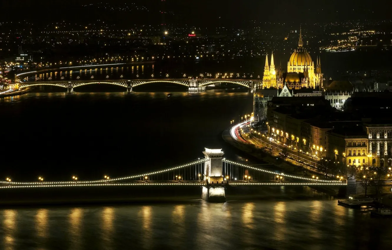 Фото обои ночь, город, река, здания, мосты, парламент, Венгрия, Будапешт