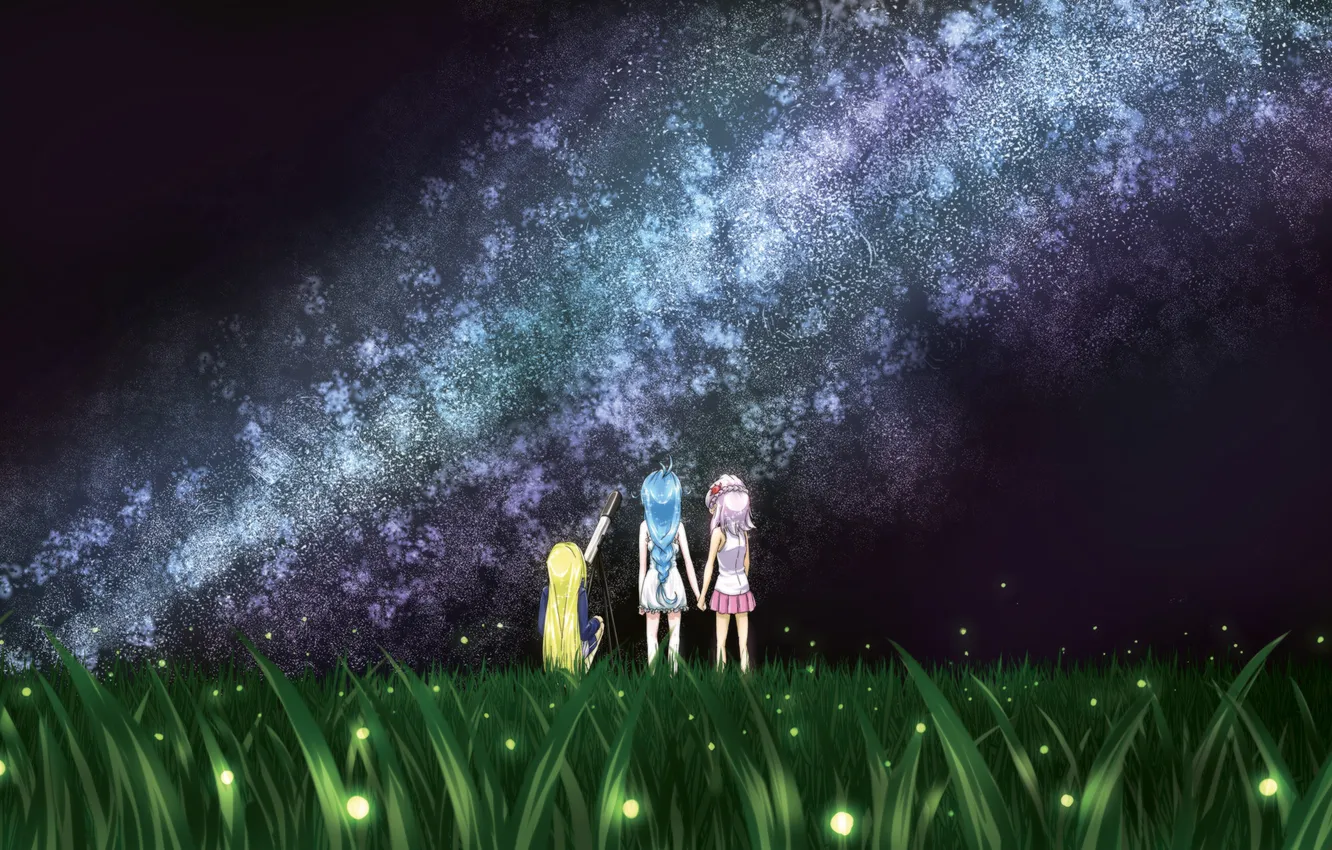 Фото обои трава, светлячки, девочки, звёзды, луг, млечный путь, телескоп