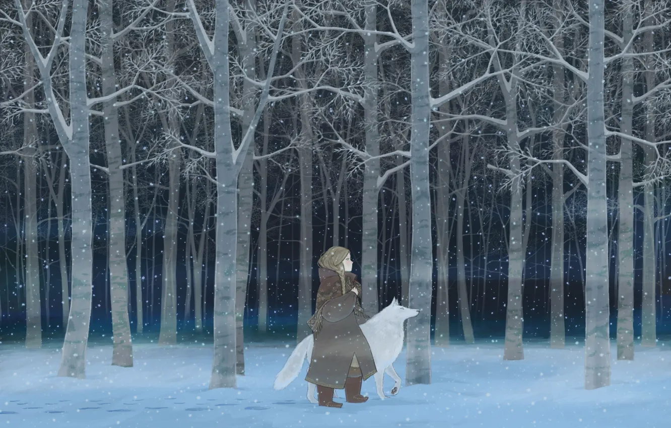 Фото обои зима, лес, девушка, ночь, волк