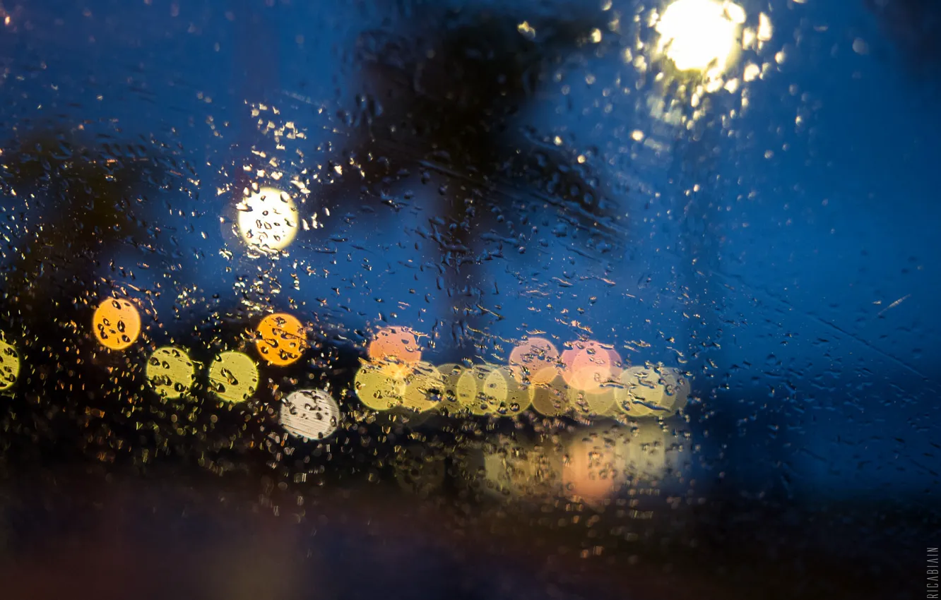Фото обои lights, glass, night, drops, raining, globes